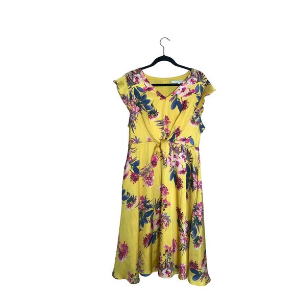 Julia Jordan Yellow Floral Dress size 10 Flutter Sleeve French Twill Midi - Picture 3 of 8